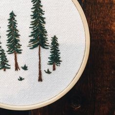 Embroidered Evergreen Trees, Easy Nature Embroidery, Embroidery Patterns Trees, Pine Tree Hand Embroidery, Fir Tree Embroidery, Redwood Tree Embroidery, Embroidery Tree Simple, How To Embroider Pine Trees, Evergreen Tree Embroidery