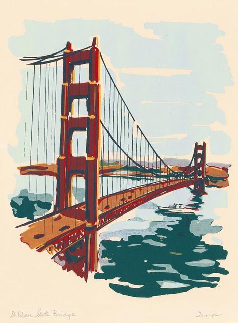 San Francisco Aesthetic Poster, Bridge Drawing, San Francisco Print, Prismacolor Markers, San Francisco Golden Gate Bridge, Light Study, Collage Wall, Color Studies, Dorm Decor