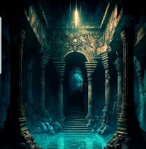 Fantasy Citadel Art, Sea Cave Fantasy Art, Fantasy Dark Landscape, Atlantis Fantasy Art, Cave Lake Fantasy Art, Dnd Landscape Concept Art, Fantasy Realms Aesthetic, Fantasy Location Art, Ruined Castle Fantasy Concept Art