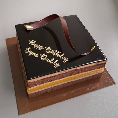 Chocolate sponge layered with chocolate mousse, mango jelly and chocolate mirror glaze. Chocolate Mirror Glaze, Mango Jelly, Opera Cake, Mirror Glaze Cake, Mirror Glaze, Chocolate Sponge, Square Mirror, Pretty Birthday Cakes, Sponge Cake