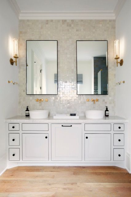 How to Get Your Bathroom Vanity Lighting Right Bathroom Sconces Double Vanity, Bathroom With Sconces, 60" Vanity, Wall Faucet, Wall Vanity, Transitional Bathroom, Bathroom Design Inspiration, Double Vanity Bathroom, Bathroom Sconces