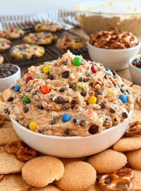 Monster Cookie Dough Dip is an easy no bake dessert dip perfect for a sweet treat anytime. A delicious twist on a classic cookie recipe! Monster Cookie Dip, Monster Cookie Dough Dip, Cookie Dough Dip Recipe, Monster Cookie Dough, Chocolate Chip Dip, Cream Cheese Butter, No Bake Cookie Dough, Cookie Dough Dip, Classic Cookies Recipes