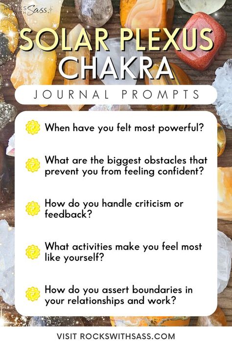 Explore journal prompts designed to strengthen your Solar Plexus Chakra and enhance your sense of personal power. Visit our blog to discover how these prompts, paired with powerful crystals can boost your confidence and decision-making skills. Perfect for those looking to harness their inner strength and achieve greater personal alignment. #SolarPlexusChakra #JournalPrompts #PersonalPower #ChakraHealing #SpiritualGrowth Solar Plexus Chakra Journal Prompts, Chakra Journal Prompts, Chakra Journal, The Solar Plexus Chakra, Powerful Crystals, Decision Making Skills, Power Energy, Power Crystals, Boost Your Confidence