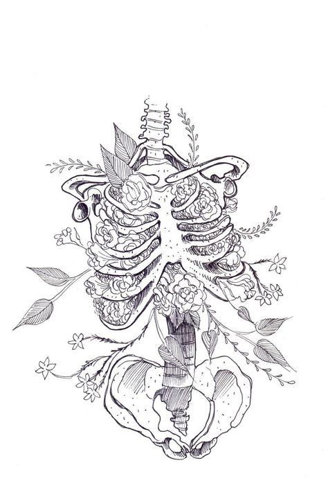 Ribcage With Flowers Drawing, Skeleton Plants Drawing, Rib Cage Drawing Tattoo, Flowers Growing Out Of Skeleton, Hanahaki Tattoo, Skeleton Torso With Flowers, Floral Skeleton Tattoo, Skeleton With Flowers Tattoo, Skeleton Line Art