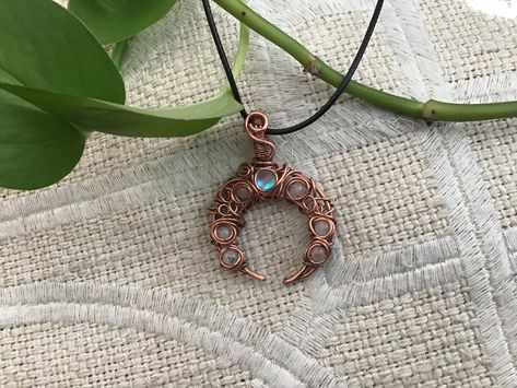 Wire Wrapped Moon, Fire Fairy, Hodge Podge, Crescent Moon Pendant, Oxidized Copper, Wrap Necklaces, Moonstone Beads, Wire Pendant, Wire Wrapped Necklace