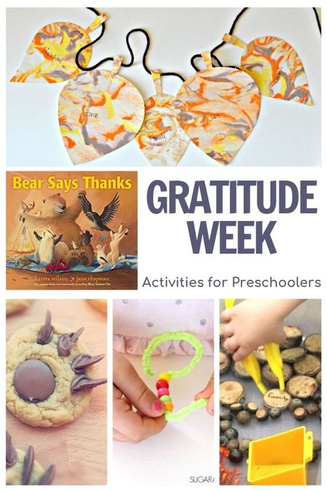 Simple activities and ideas for preschoolers on the theme of Gratitude featuring the book Bear Says Thanks by Karma Wilson. Being Thankful Preschool Crafts, Thankful Week Preschool, We Are Thankful Preschool Activities, Thankful Unit Preschool, Teaching Gratitude To Preschoolers, Gratitude Week Preschool, November Topics For Preschool, Gratitude Unit Study, Grateful Activities For Preschool