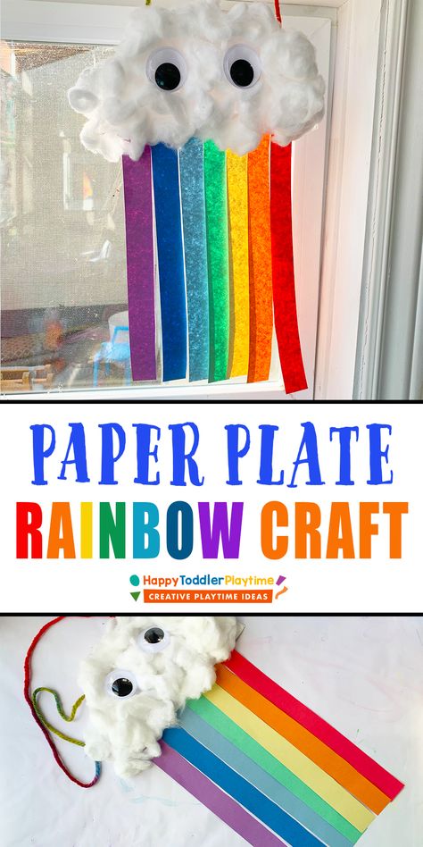 Super Easy Paper Plate Cloud Rainbow Craft - Happy Toddler Playtime Cloud Rainbow Craft, Sky Crafts For Kids, Cloud Craft Preschool, Rainbow Crafts For Toddlers, Cloud Crafts, Paper Plate Rainbow, Childcare Crafts, Rainbow Crafts Preschool, March Vibes