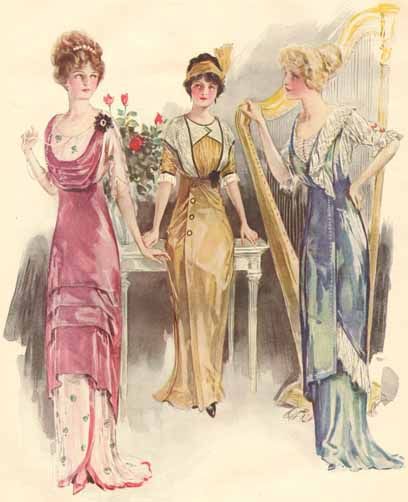 This is an image of what some of the upper class women on the Titanic would have been wearing during the time period. The Edwardian period had ended bringing rise to the Titanic Era which included less constricting clothing and a more simplified look to beauty 1912 Fashion Plate, 1912 Fashion, 1914 Fashion, Edwardian Era Fashion, Fashion 1910, 1910s Fashion, Fashion Illustration Vintage, Estilo Real, Edwardian Dress