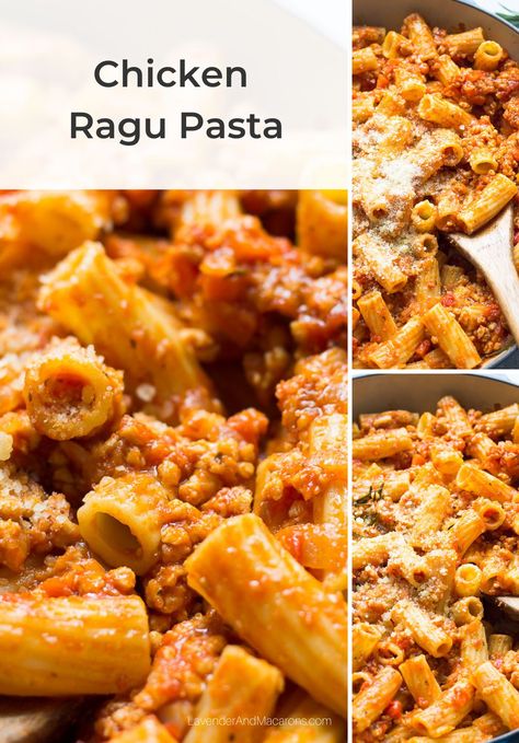 This simple chicken ragu pasta may be easy to make and use everyday ingredients, but there’s nothing basic about it’s flavor. This hearty dinner idea is bound to become a favorite family meal. Enjoy this homemade pasta with ground chicken in just half an hour. Pasta With Ground Chicken, Spaghetti With Mushrooms, Meatless Pasta Recipes, Chicken Ragu, Alfredo Fettuccine, Simple Pasta Recipes, Plant Based Pasta, Raisin Sauce, Ragu Pasta