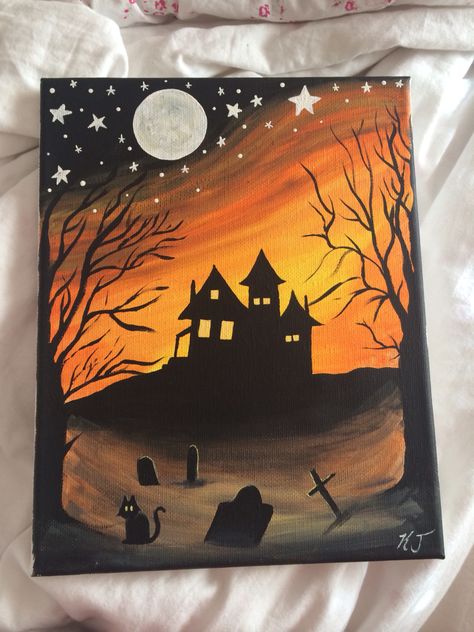 Painted Halloween Pictures, Halloween Paintings Acrylic, Spooky Sunset Painting, Fall Halloween Canvas Painting, Halloween Sunset Painting, Bat Canvas Painting, Halloween Painting With A Twist, Cool Pictures To Paint, Halloween Art Painting Canvases