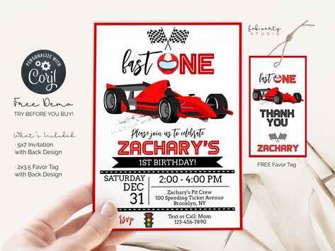 Try before you buy - FREE DEMO! Copy and paste this URL into your browser: https://www.corjl.com/d/4F47N2 Race Car Fast One Birthday Party Invitation + Favor Tag Includes FREE back designs for printing. No waiting! Purchase, edit and download your template today!  WHAT'S INCLUDED  * 5x7 Invitation + FREE Back Design * 2x3.5 Favor Tag + FREE Back Design * Customer Instructions * Use for 90 days after purchase or up to 15 downloads Edit your order at Corjl.com right after purchasing! * No need to Car Birthday Party Invitations, Fast Five, Red Race, Race Car Birthday Party, Favour Tags Template, Race Car Birthday, Car Birthday, Cars Birthday Parties, Fourth Birthday