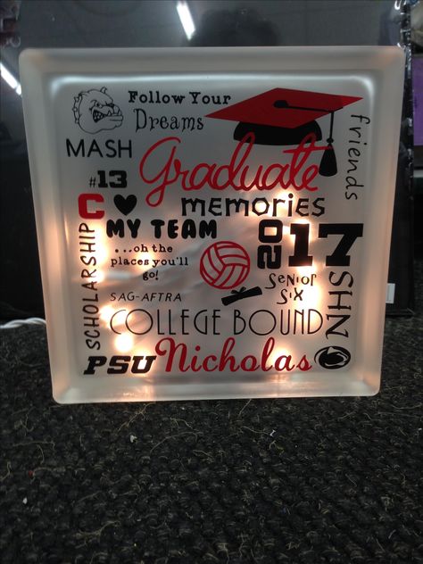 Glass Block, Graduation lighted glass block Graduation Shadow, Graduate Ideas, Cricut Graduation, Shadow Box Graduation, Painted Glass Blocks, Graduation Board, Decorative Glass Blocks, Grad Diy, Graduation Boards