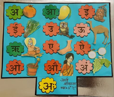 Hindi Swar Charts For Classroom, Marathi Charts For Classroom, Hindi Decoration Ideas, Hindi Varnamala Chart Ideas, Vowels Chart For Kindergarten, Hindi Charts For Classroom Decoration, Charts For Classroom Decoration, Colours Name For Kids, Preschool Creative Art