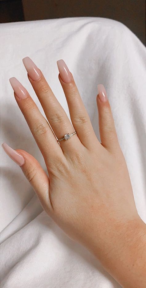 Soft Pink Nails Coffin, Pink Tint Nails, Plain Natural Acrylic Nails, Simple But Cute Nails Acrylic Pink, Coffin Plain Nails, Acrylic Nails Simple Pink, Plain Nude Acrylic Nails, Almond Nails Beige, Nude Coffin Nail Ideas