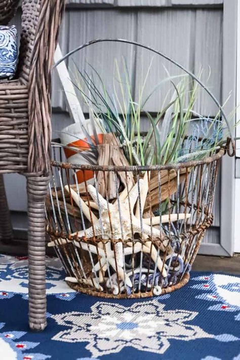 Front Porch Decor Coastal, Front Porch Coastal Ideas, Small Coastal Front Porch Ideas, Condo Front Porch Ideas, Coastal Back Porch, Beach Theme Porch Ideas, Beach House Patio Coastal, Nautical Patio Decor, New England Nautical Decor