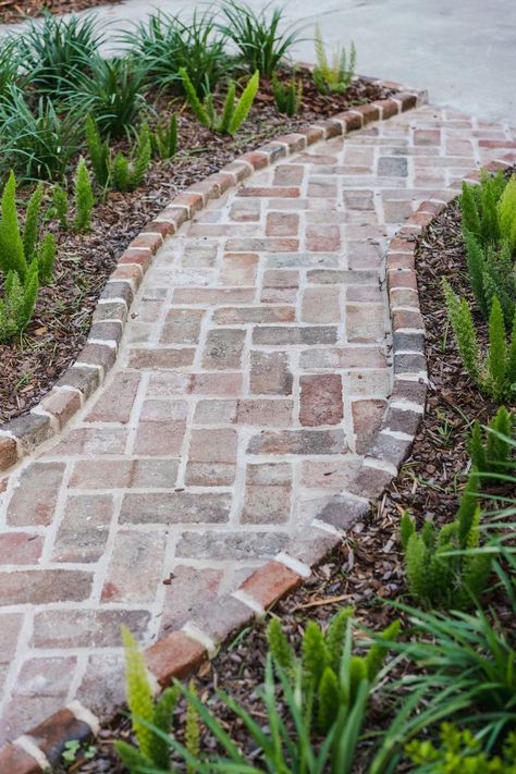 Curved Brick Pathway, Brick Sidewalk Patterns, Brick Landscape Wall, Brick Pathways Walkways, Driveway To Front Door Path, House Pathway Ideas, Brick Sidewalk Front Walkway, Curved Brick Path, Brick Pavers Walkway