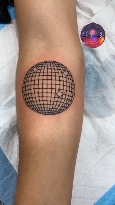 Disco Ball Tattoo Minimalist, Mini Disco Ball Tattoo, Disco Ball Tattoo Placement, Minimalistic Disco Ball Tattoo, Colorful Disco Ball Tattoo, Disco Tattoo, Disco Ball Tattoo, Sewing Tattoos, Tiger Tattoo Design