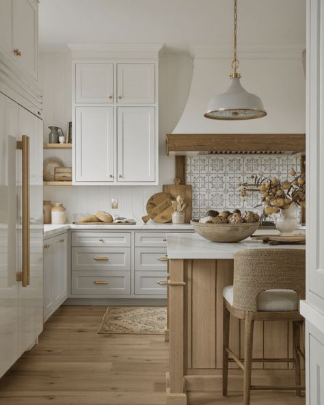 Brass Fixtures Kitchen, Two Toned Kitchen Cabinets, Build Inspiration, Wood Kitchen Island, Timeless Kitchen, Building House, Kitchen Remodel Inspiration, French Country Kitchen, Gold Kitchen