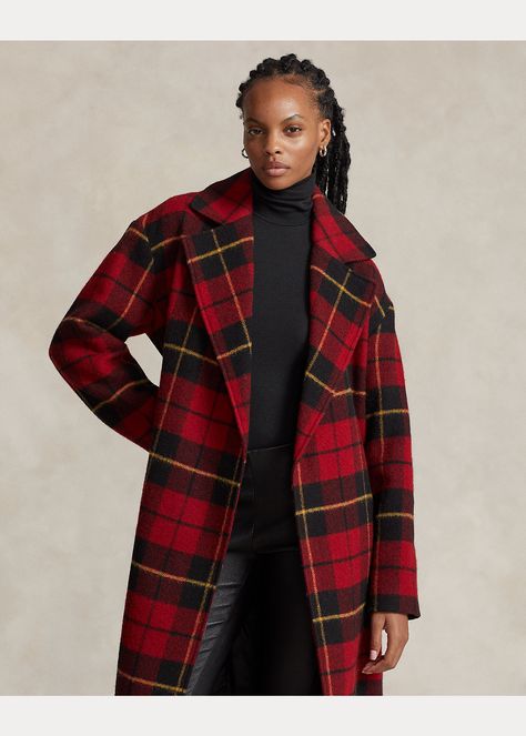 Plaid-Motif Wool Twill Wrap Coat for Women | Ralph Lauren® UK Red Plaid Jacket, Ralph Lauren Store, Ralph Laurent, Ladies Coat Design, Coat Classic, Ralph Lauren Plaid, Classic Coat, Cashmere Jacket, Classic Coats