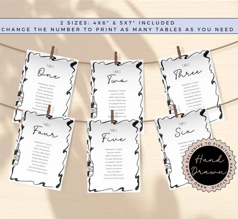 Bottle Seating Chart, Minimalist Reception, Seating Chart Cards, Hand Drawn Wedding, Wedding Champagne, Champagne Tower, Downloadable Templates, Nontraditional Wedding, Champagne Wedding