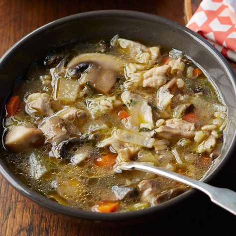 Chicken, Barley & Mushroom Soup Barley Mushroom, Chicken Barley, Mushroom Barley, Healthy Chicken Soup, Mushroom Barley Soup, Turkey Soup Recipe, Pastas Recipes, Creamy Mushroom Soup, Chicken Mushroom