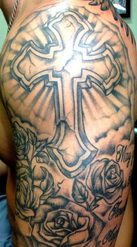 Stone Cross With Roses Clouds and Rays - Pittsburgh Tattoo Studio Cross On Shoulder Tattoo For Men, Cross With Light Rays Tattoo, Light Rays Tattoo, Rays Tattoo, Cross With Roses, Pittsburgh Tattoo, Celtic Tattoos For Men, Cloud Tattoo Design, Half Sleeve Tattoos Forearm