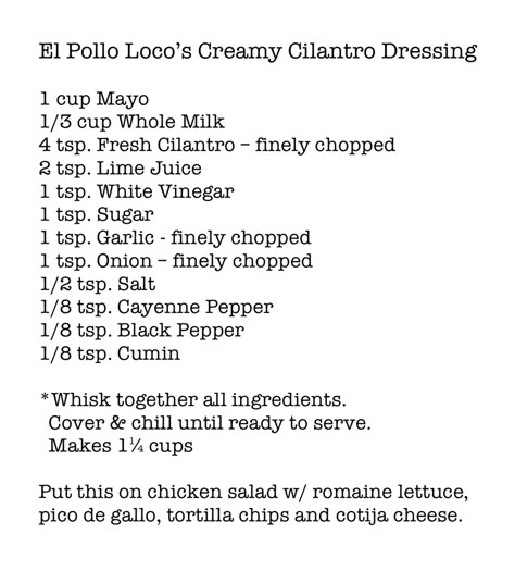 Cilantro Dressing Recipe El Pollo Loco, Creamy Cilantro Dressing El Pollo Loco, El Pollo Loco Chicken Tostada Salad, Copycat El Pollo Loco Cilantro Dressing, Pollo Loco Copycat Recipes, El Pollo Loco Recipes, El Pollo Loco Creamy Cilantro Dressing, Pollo Loco Cilantro Dressing, El Pollo Loco Chicken Marinade