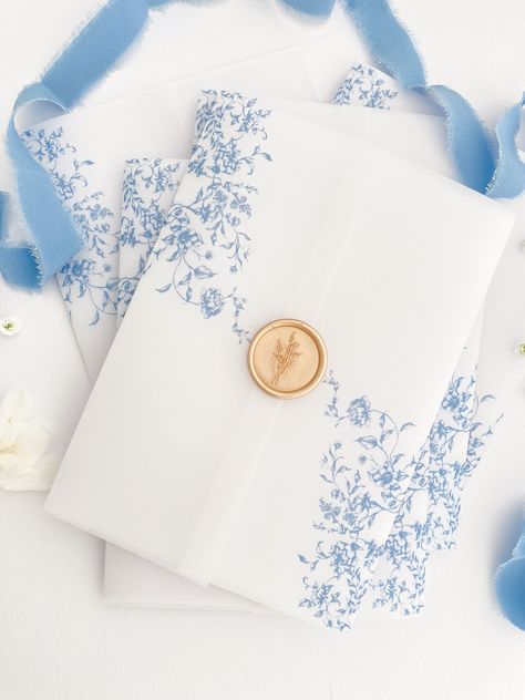 Wedding Invite Vellum, Blue Toile Wedding, Wedding Vellum, Toile Wedding, Floral Vellum, French Blue Wedding, Vellum Jacket, Printed Vellum, Wedding Invitations Elegant