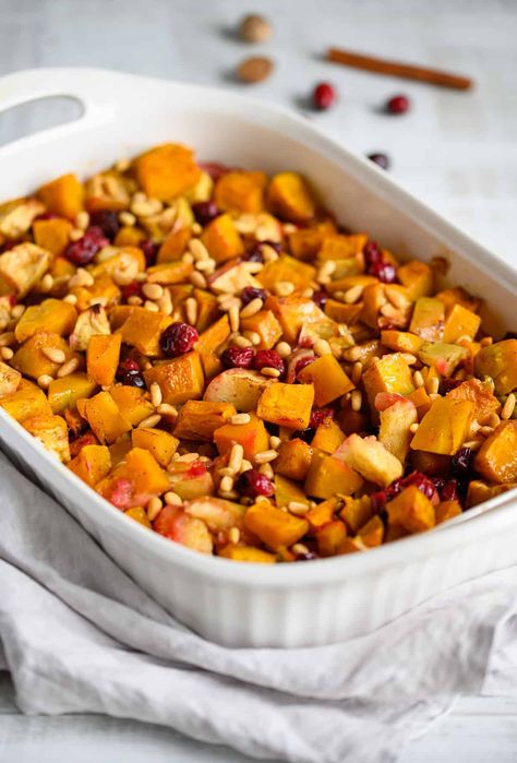 This Squash Apple Cranberry Bake dusted with cinnamon and nutmeg and baked in brown butter is the perfect holiday side dish. Tart cranberries compliment sweet squash and apples perfectly. How To Make Squash, Fresh Healthy Recipes, Buttercup Squash, Cranberry Baking, Butternut Squash Apple, Holiday Side Dish, Baked Squash, Healthy Vegetable Recipes, Holiday Side Dishes