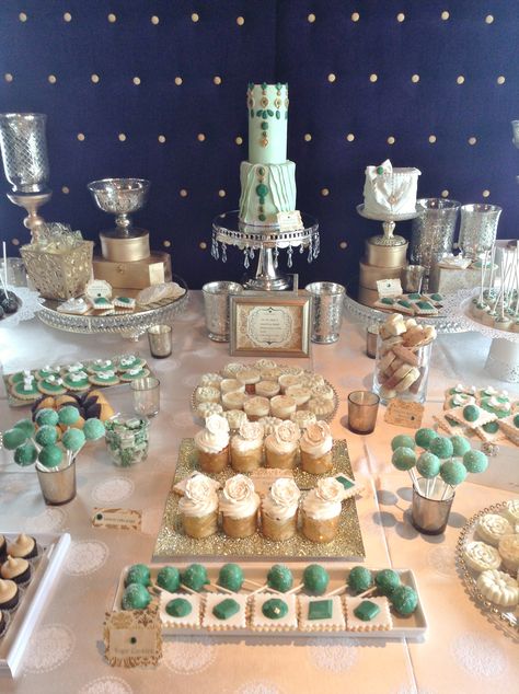 green and gold wedding, emerald wedding, green and gold dessert table, jewel cake, emerald cake, green wedding cake. www.weddingsaviours.com Green White Gold Candy Table, Green White Dessert Table, Green And Gold Desert Table, Emerald Green And Gold Sweets Table, Sage Green And Gold Theme Party, Emerald Green Sweets Table, Green And Gold Candy Bar, Emerald Green Quinceanera Dessert Table, Green And White Candy Bar