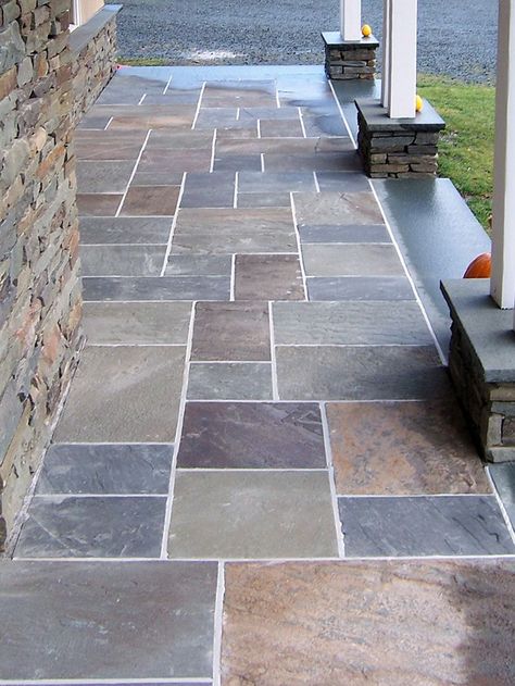 Exterior Tiles Floors, Courtyard Flooring Ideas, Entry Pavers, Courtyard Flooring, Porch Floors, Masonry Design, Outdoor Tiles Floor, Grey Pavers, Outdoor Tile Patio