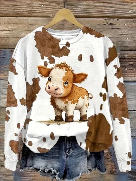 Long Sleeve Tops Casual, Women Hoodies Sweatshirts, Print Sweatshirt, Printed Sleeves, Print Pullover, Highland Cow, Casual Pullover, Cow Print, White Sweatshirt