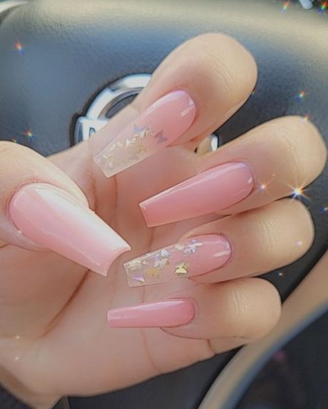 Coffin shaped pink nails with butterfly ombre Pink Nails With Butterfly, Nails Cute Pink, Nails With Butterfly, Baby Pink Nails Acrylic, Sweet 16 Nails, 16 Nails, Ballerina Nails Designs, Quinceanera Nails, Cute Pink Nails