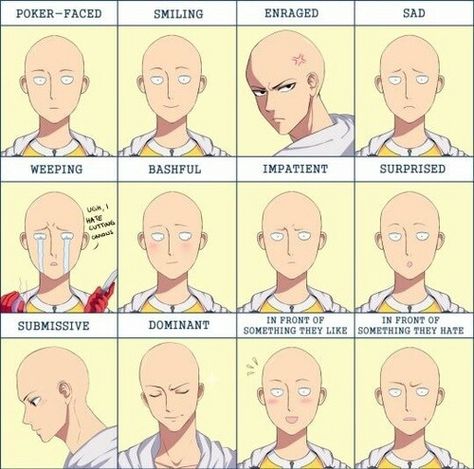 Saitama, different emotions, faces, text; One Punch Man Saitama Sensei, Genos X Saitama, One Pun, One Punch Man Funny, Tatsumaki One Punch Man, Saitama One Punch, Saitama One Punch Man, One Punch Man Anime, Face Expressions