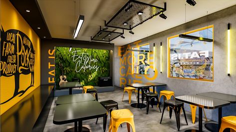 Burger Restaurant Design Interiors, Small Restaurant Design Cheap, Burger Restaurant Design, Small Restaurant Interior, Yellow Restaurant, Resturant Interior, Mobile Shop Design, Interior Design Articles, Small Restaurant Design