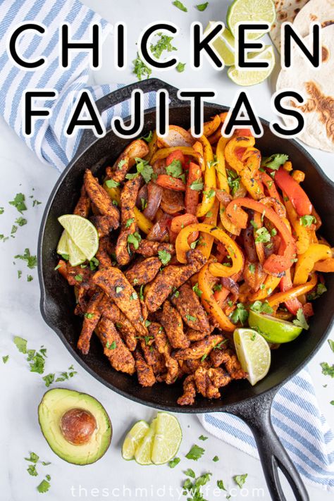 Skillet Chicken Fajitas for an easy weeknight dinner! Juicy chicken and flavor packed peppers are ready to eat in just 20 minutes! Chicken Fajitas | Healthy Fajitas | Dinner Ideas | Chicken Breast Recipes Healthy Fajitas, Fajitas Dinner, Skillet Chicken Fajitas, Grilled Chicken Fajitas, Easy Skillet Chicken, Grilled Peppers, Easy Skillet, Fajita Recipe, Easy Weeknight Dinner