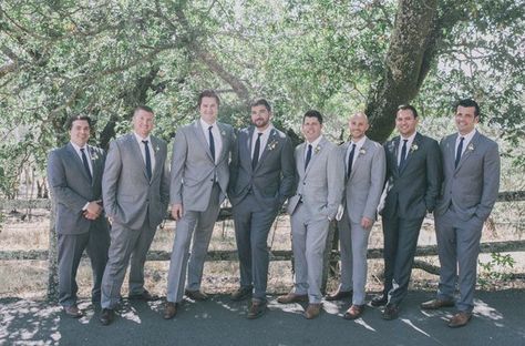 groomsmen shades of gray | 2014 Wedding Trends | Gray Weddings + Styled Grooms | We're loving the ... Grey Groomsmen, Romantic Vineyard Wedding, 2014 Wedding Trends, Gray Groomsmen Suits, Groomsmen Grey, Grey Suit Wedding, Groom And Groomsmen Suits, Grey Suits, Wedding Planning Ideas