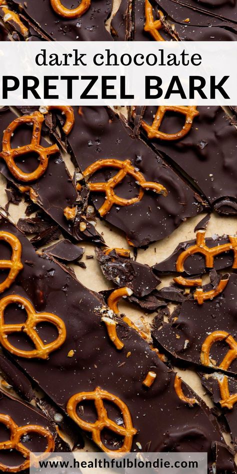 You'll love this easy salted chocolate pretzel bark recipe! It's the perfect quick, no bake dessert or sweet snack with dark chocolate. Make these copycat BarkThins any time of year with just 4 simple ingredients. Easily make it vegan and gluten-free! Healthy Dark Chocolate Desserts, Chocolate Pretzel Bark, Pretzel Bark Recipes, Peanut Butter Bark, Dark Chocolate Desserts, Pretzel Bark, Blueberry Crumble Bars, Healthy Dark Chocolate, Dairy Free Treats