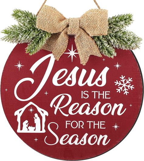 Round Christmas Door Hangers Wooden, 12 Inch Round Wood Sign, Jesus Is The Reason For The Season Sign, Round Wooden Christmas Signs, Round Door Signs Christmas, Christmas Round Door Hangers, Jesus Is The Reason For The Season, Christmas Door Hangers Diy, Christmas Round Wood Signs