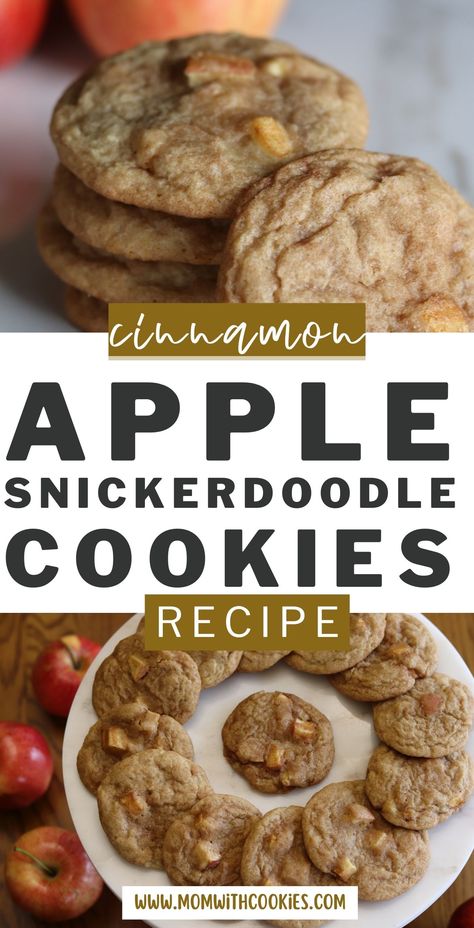 homemade cookies with apples nearby and text overlay that reads cinnamon apple snickerdoodle cookies recipe Apple Cinnamon Snickerdoodle Cookies, Snickerdoodle Apple Pie Cookies, Apple Cinnamon Cookies Soft, Maple Snickerdoodle Cookies, Apple Snickerdoodle Cookies, Crumbl Snickerdoodle, Apple Crisp Cookies, Apple Cinnamon Cookies, Apple Snickerdoodle