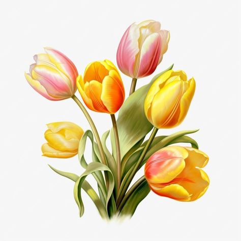 Pretty Flower Art, Tulip Illustration, Tulips Art, Watercolor Flower Art, Yellow Tulips, Yellow And Pink, Pink Tulips, Premium Photo, Pretty Flowers