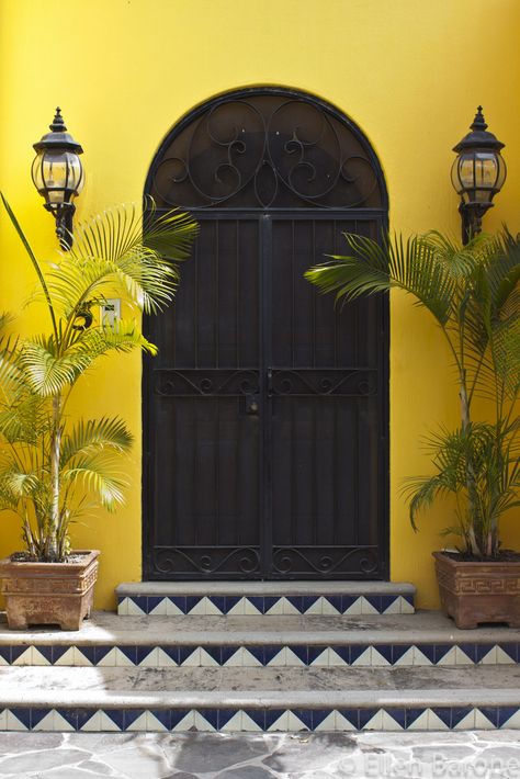 Dark Door, Ajijic, Jalisco, Mexico Mexico Doors, Yellow House Exterior, Stairs Window, Dark Doors, Doors And Floors, When One Door Closes, Yellow Doors, Entrance Ways, Front Door Design