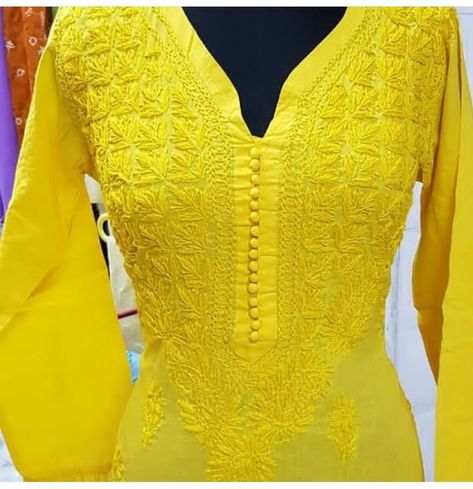 #Cool yellow #Chikankari cotton kurti Yellow Kurti, Kurti Cotton, Simple Kurti, Indian Dresses Online, Simple Kurti Designs, Neck Designs For Suits, Cotton Kurti, Kurti Designs, Neck Pattern