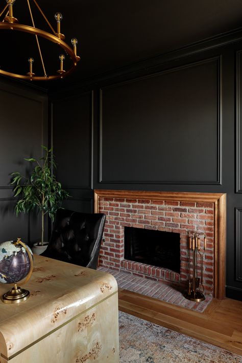 Moody Fireplace Built Ins, Brick Fireplace With Black Built Ins, Dark Moody Living Room, Brick Fireplace Mantles, Red Brick Fireplace, Moody Office, Red Brick Fireplaces, Academia Room, Black And White Office