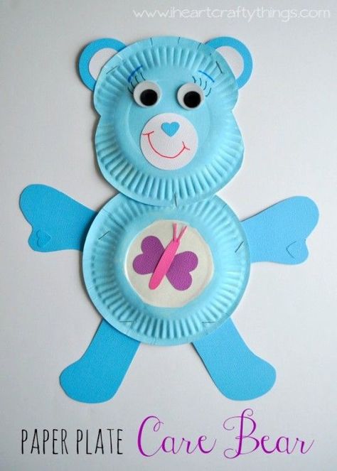 Paper Plate Care Bear | I Heart Crafty Things Bear Masks, Paper Plates Crafts, Paper Plate Animals, Bear Craft, Paper Plate Crafts For Kids, Puppets For Kids, Bear Crafts, Animal Crafts For Kids, Kids Projects