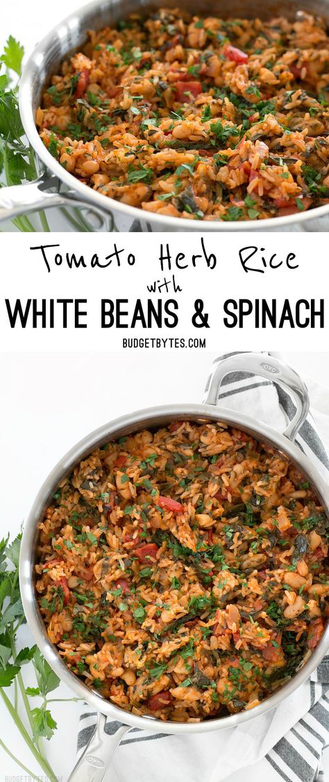 White Beans And Spinach, Herb Rice, Recipes Spinach, Meatless Dishes, Budget Bytes, Think Food, Vegan Dinner, Simple Recipes, Meatless Meals