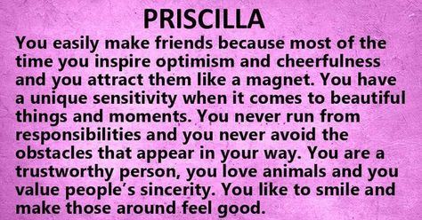 What's Your Name's Secret Meaning? | Priscilla future wedding ... What Is Your Name, Name Meaning, Names With Meaning, With Meaning, Now What, New People, Making Friends, All About Me, Just Me