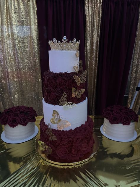 4 tier 15th Birthday cake with gold butterfly decor and a gold tiara Quince Cakes Quinceanera, Burgundy Quinceanera Theme, Red Quinceanera Theme, Cakes Quinceanera, Red Quinceanera Ideas, Quinceanera Red, Gold And White Cake, Burgundy Quinceanera Dresses, Quince Cakes