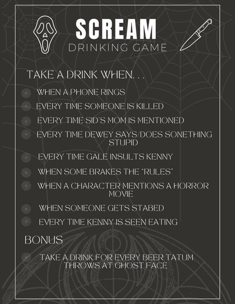 Scream, drinking game, scary movie, paramount, ghost face Scream Movie Themed Snacks, Scream Movie Games, Halloweentown Drinking Game, Coraline Drinking Game, Scream Movie Drinking Game, Drinking Game For Movies, Drinking Games With Movies, Scream Themed Drink, Horror Movie Game Ideas