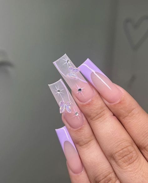 Clear Nail Designs, Butterfly Nail Designs, Press On Nails Long, French Tip Acrylic Nails, Style Français, Long Square Acrylic Nails, Nails French, Butterfly Nail, Nails Long